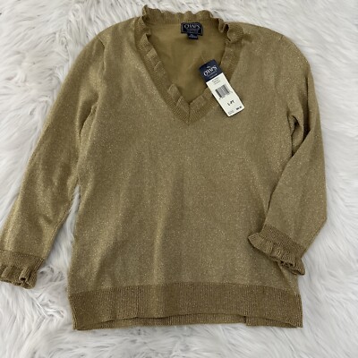 Chaps womens petite Large Gold shimmer ruffle accent blouse NWT
