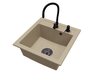 Spüle Granit Beige Big DON Armatur FLEX CHROME Schwarzer Automatischer Siphon