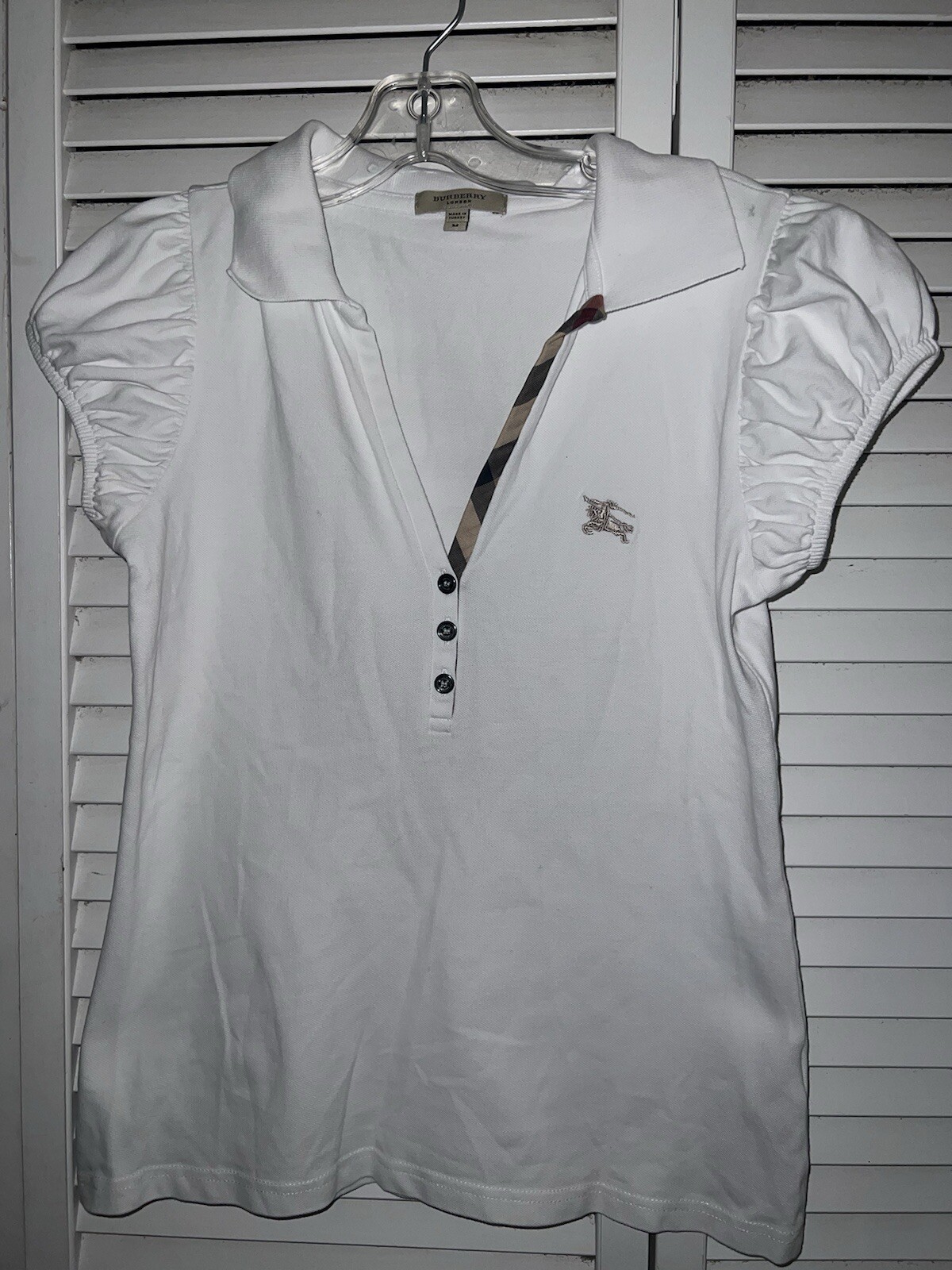 Burberry Brit Polo Shirt Puff Short Sleeve Plaid Accent White Top Sz S/M Runs Sm