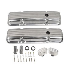 For Sbc Chevy 350 58-86 Polished Alum Finned Short Valve Cover Pcv Breather