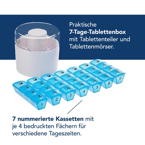 Caja de pastillas con divisor de bandejas y mortero 7 días, caja de medicamentos 28 compartimentos - Imagen 2 de 4