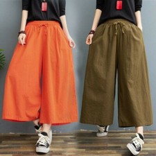 Damen Weites Bein Baumwolle Leinen Hosen Freizeit Locker Übergröße Retro Neu