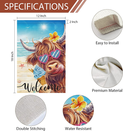 Welcome Summer Highland Cow Garden Flag12X18 Inch Double Sided Burlap, Ice Cream - Picture 4 of 8