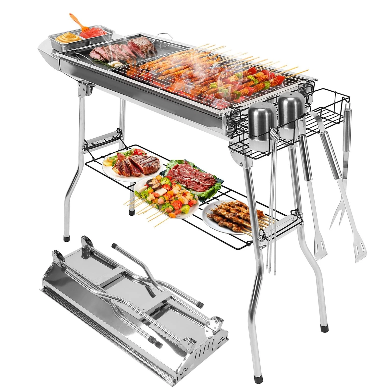 Portable Charcoal Grill, Folding Barbecue Grill with Storage Shelf, 39" x 13.39"
