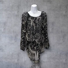 Apt. 9 Ladies S, L/S Elegant Sheer Blouse, Black/White  Paisley. J-1