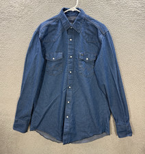 Vintage Wrangler Shirt Adult 16.5 Blue Denim Pearl Snap Western Workwear 90s