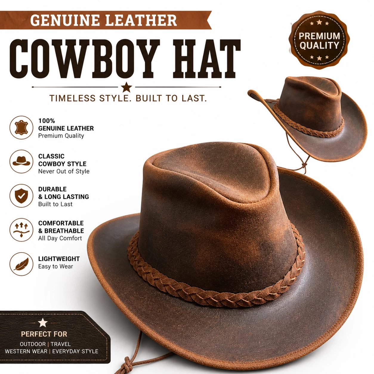 100% Real Leather Cowboy Hat Mens Womens Australian Western Style Hat Wide Brim