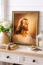 Vtg 1940s Last Rites Hanging Jesus GlassFrame Art Lithograph Kriebel Bates 18x20