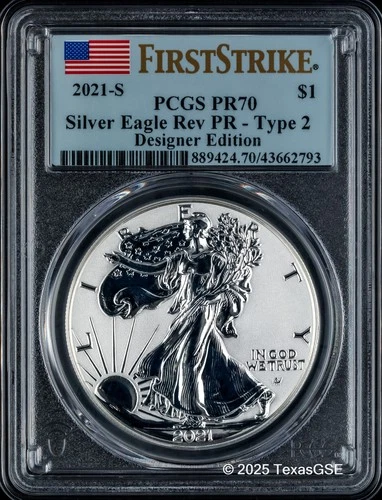 2021-S $1 American Silver Eagle Reverse Proof Type 2 PCGS PR70 FS - Blue Flag