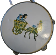 Vintage TAMBOURINE Souvenir Folk Art Cart Donkey Mod 1960 Sicily 10" Music 10"