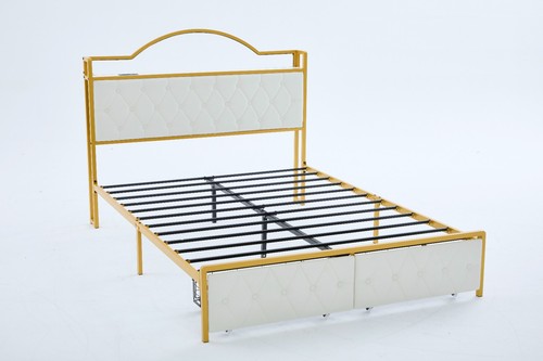 Queen Upholstereded Bed Frame with 2 Storage Drawers, LED Lights,With Charging