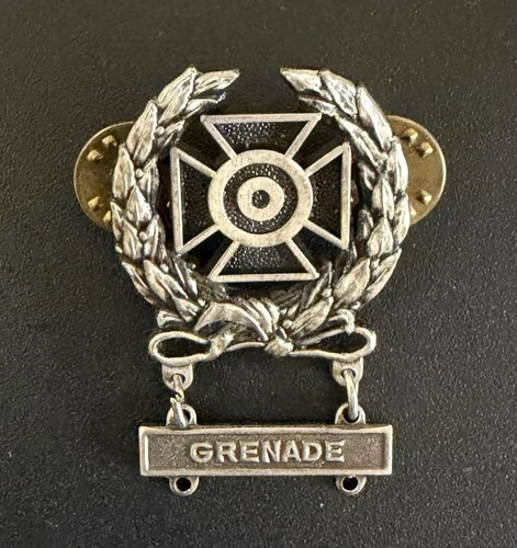 Vintage WW2 Sterling Silver U.S. Military Army Marksmanship Pin W/ Grenade Badge