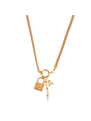 #ad #ad Gold Tone Lock Pendant Necklace With Pearl And Initial Charm Details Gold $16.99