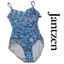 Jantzen One Piece Swimsuit Womens 10 Blue Multi Polyamide Ruched Tummy Control
