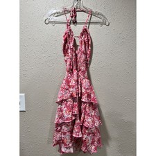 SHEIN Pink Floral Halter Mini Dress Smocked Waist Tiered Ruffle Skirt Size M