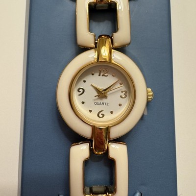 Avon Women's Quartz Dress Wristwatch Gold & White Tone Bracelet Needs Battery 