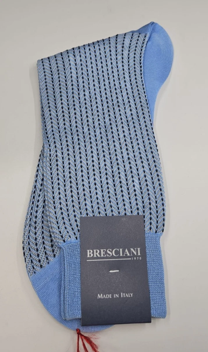BRESCIANI Socks Men Italian 100% Cotton Size M - Light Blue/ Striped Black New