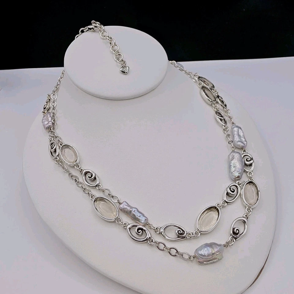 Brighton 7th Heaven Long Necklace Silver Tone Scrolls Clear Crystals Pearls 42” - Image 4 of 4