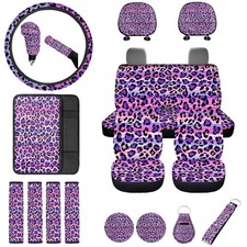 18 Pcs Purple Leopar Print Car Seat Cover Suv Full Set Cheetah Print Steering...
