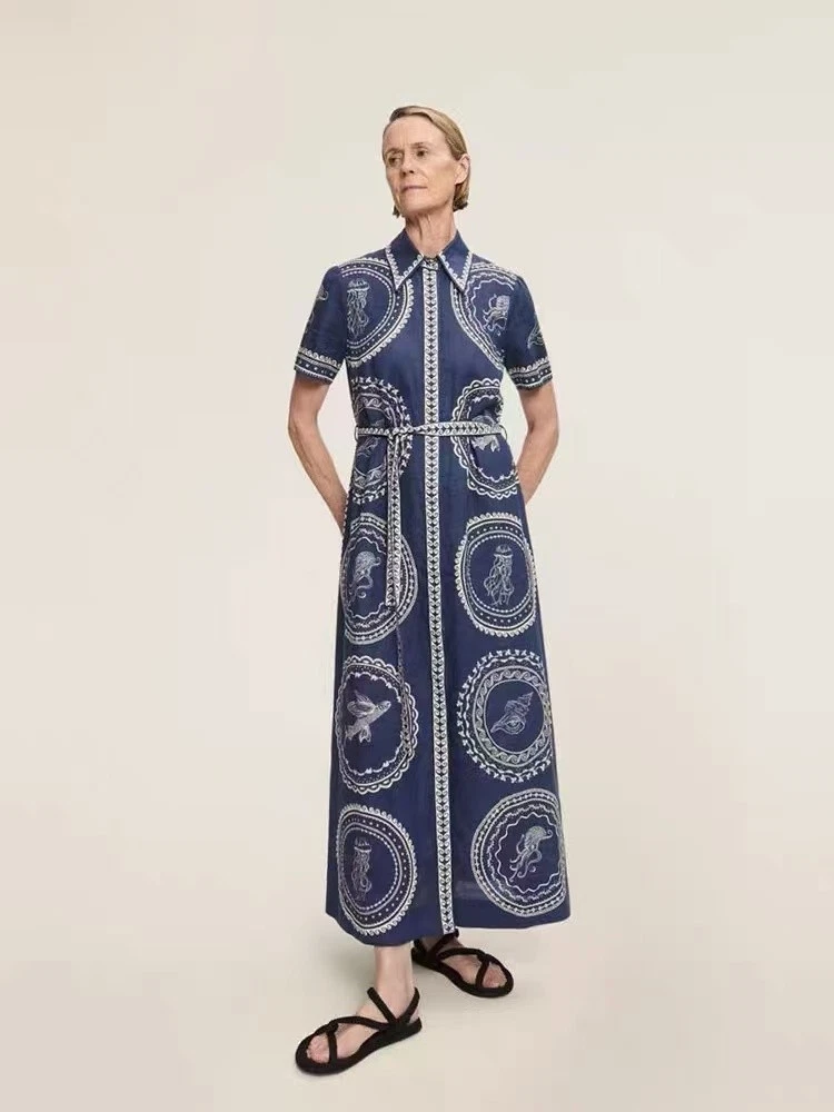 Alemais Oceane Linen Shirt dress blue Linen printed lapel tie dress women 2025
Opens in a new window