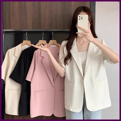 Blazer blanco de manga corta para mujer, estilo veraniego chic, con un solo botó