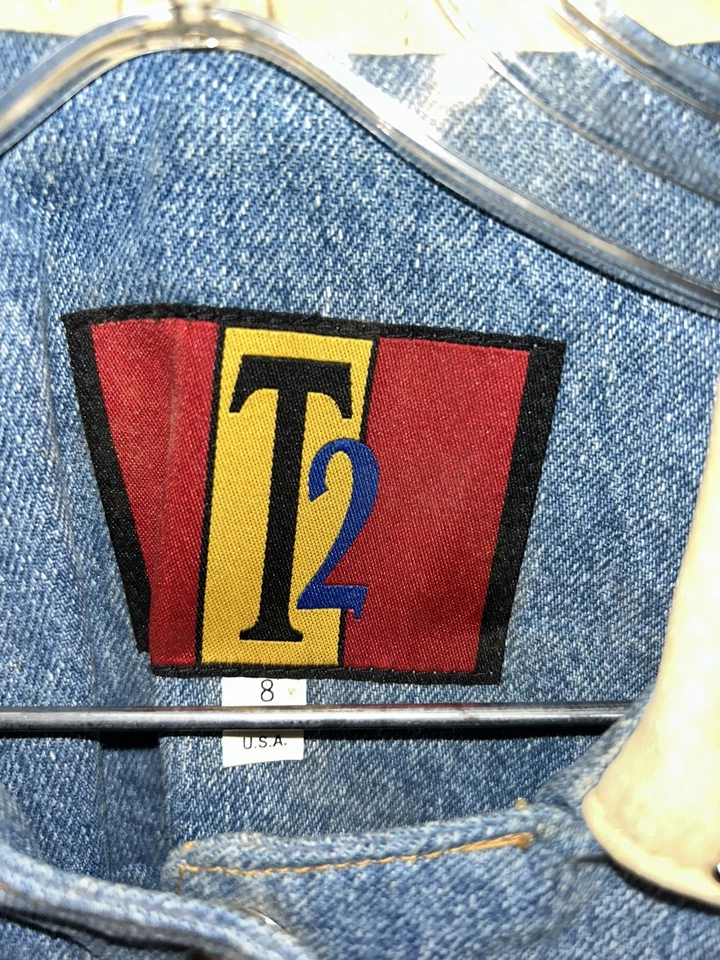 Vtg 90s T2 Women's Size 8 Jacket Blue Denim Beaded Southwestern Cotton Leather - Image 2 of 4