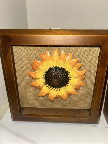3 D Set Of 2 Metal Sunflower On Burlap In Wood Frames 8.5” X 8.5” - Picture 2 of 6