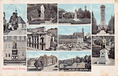 Annaberg-Buchholz 1906 Postkarte Bahnhof Marktplatz Bismarck Turm Pöhlberg AK - Bild 1 von 4