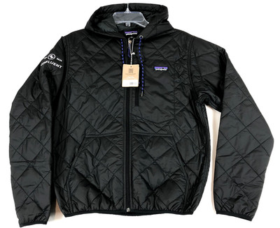 Patagonia Diamond Quilted Bomber Hoody Mens S Black Puffer Jacket CORP LOGO