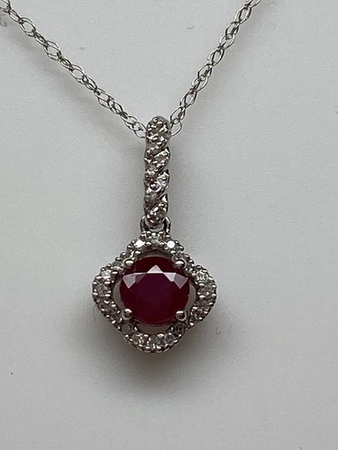 10K White Gold Natural Round Ruby and 0.15ct twt Diamond Pendant with Chain New - Picture 8 of 9
