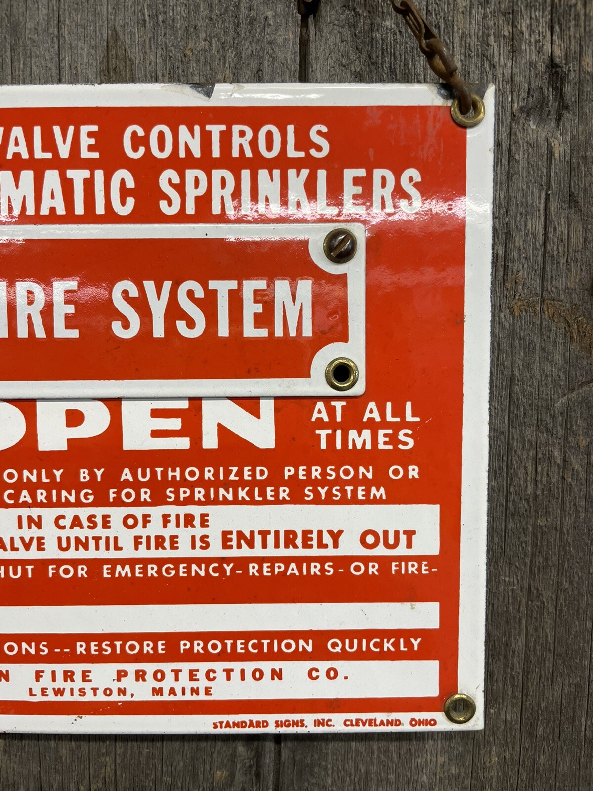 Vintage Porcelain Fire Sprinkler System Safety Sign Eastern Co Lewiston