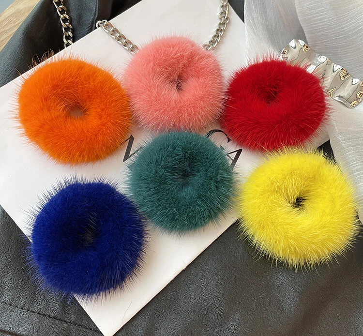 Anillo para el cabello de piel de visón real para mujeres damas cuerda para el cabello banda para el cabello aro para el cabello bola de pompón Foto 3 de 4