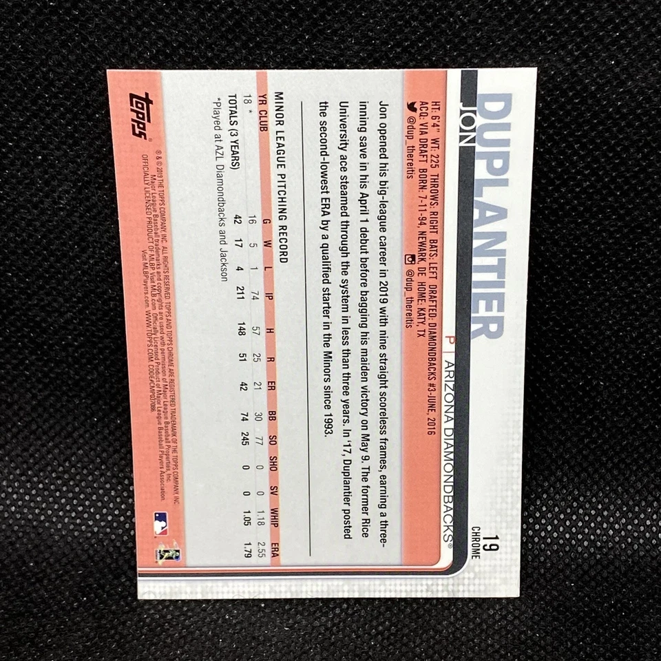2019 Topps Chrome PINK REFRACTOR Jon Duplantier RC Rookie Arizona Dbacks #19 - Image 2 of 2