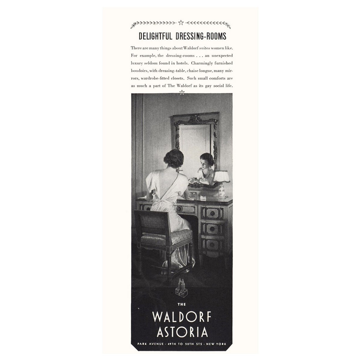 1934 Waldorf Astoria: Delightful Dressing Rooms Vintage Print Ad