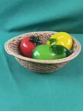 Lot (3) Vtg Hand Blown Glass Fruits & Vegetables Murano Style Art Deco In Basket
