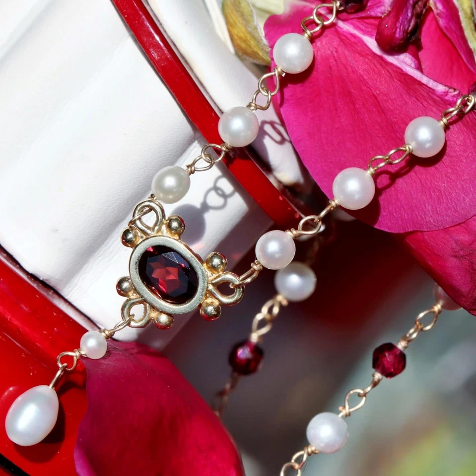 14k yellow gold necklace 0.95ct cultured pearl garnet amethyst bead 16.5"  8.0g - Image 2 of 4