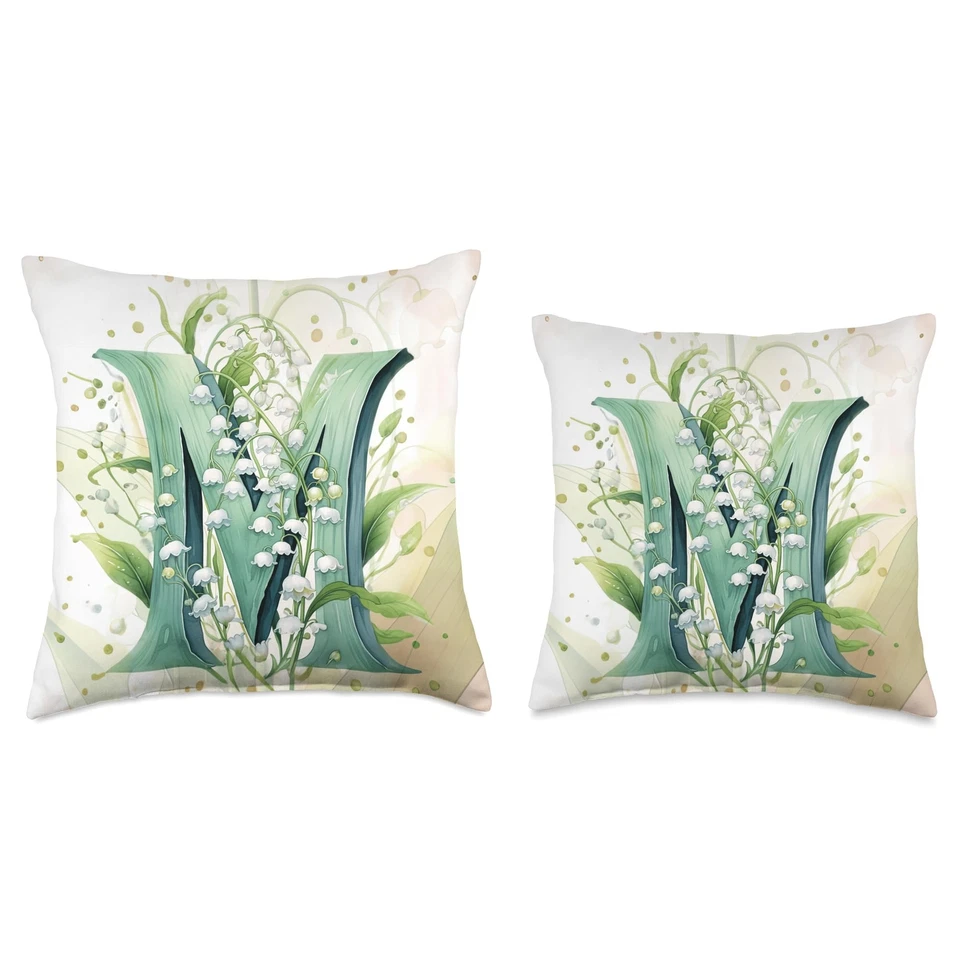 Preciosa almohada de cumpleaños de mayo con letra inicial de lirio del valle M Foto 3 de 3