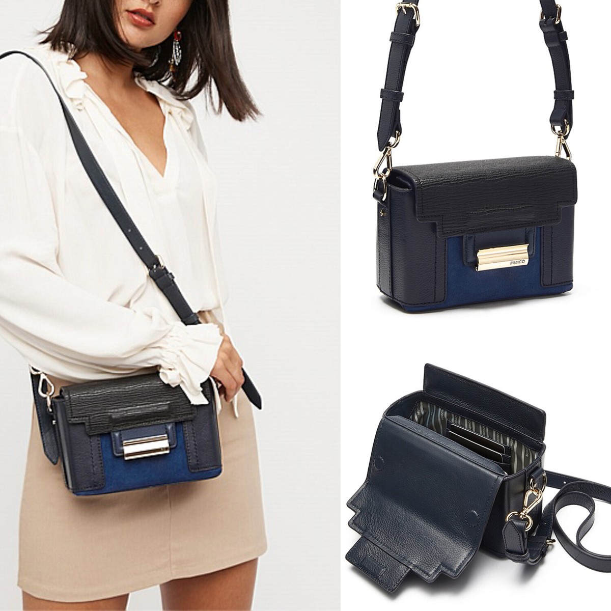 MIMCO Bag Element Satchel Crossbody Boxy Clutch Leather Navy NWT