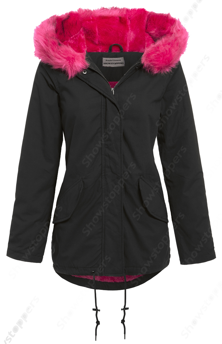 NEW Womens Oversized Hood Pink Fur Parka Coat Ladies Black Jacket Size