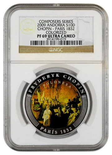 Rare 2009 Andorra Large Proof Silver 10 D Chopin-1832 Paris/Polonez NGC PF69