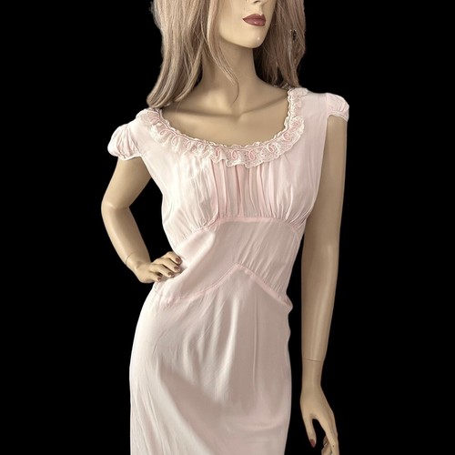 1940s Vintage Pink Rayon Maxi Nightgown - Coquette Goddess Glow Size L - Picture 3 of 11