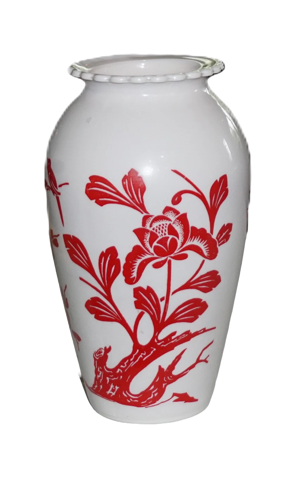 SHIPS FREE Vintage Anchor Hocking White 9" Hoover Vase Red Birds Exceptional !