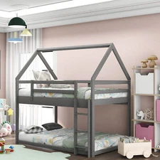 Twin over Twin Bed Frame Low Bunk Bed Wood House Bed w/ Ladder for Kids Bedroom