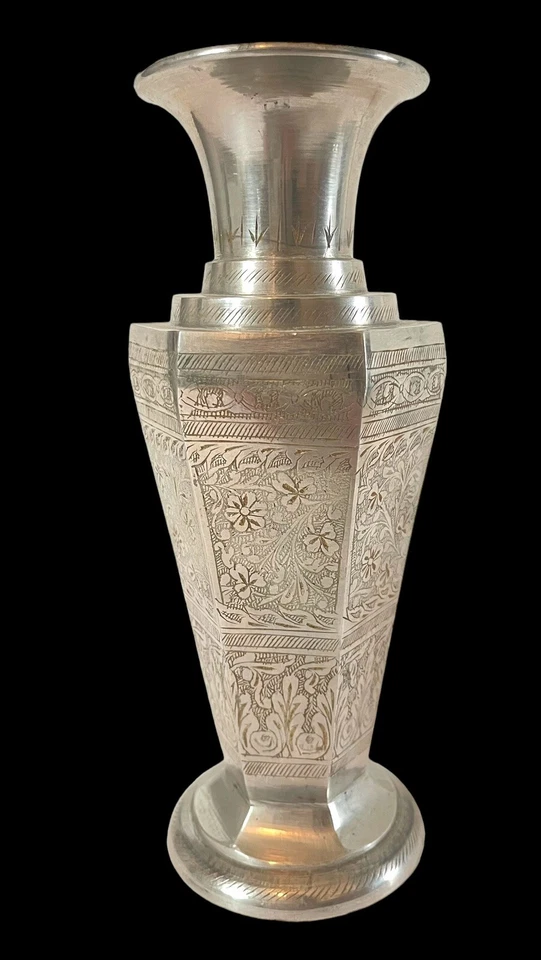 Vintage Silver Engraved/Embossed Floral Art Nouveau Vase. India. Signed - Image 2 of 4