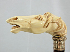 MAGNIFICENT LARGE ANTIQUE WALKING CANE STICK CARVED HORSE HEAD Snakewood Shaft