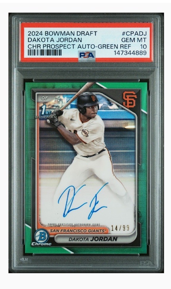 2024 Bowman Chrome Draft - Dakota Jordan 1st Auto True Green /99 PSA 10