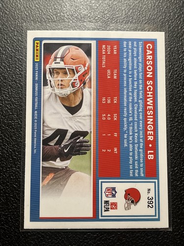 2025 Donruss Rated Rookie Carson Schwesinger (RC) #392 Cleveland Browns - Foto 2 di 2
