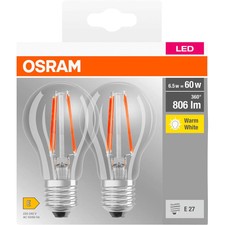 2 OSRAM LED-Lampen Base CLASSIC A60 Multipack E27 6,5 W klar
