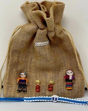 Guatemalan Handmade Worry Dolls On Burlap Storage Bag W/Bracelet New