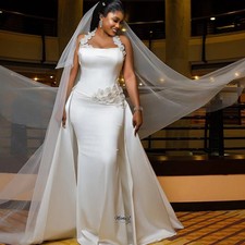 Mermaid Satin Wedding Dress With Detachable Train Halter 3D Floral Beading Satin